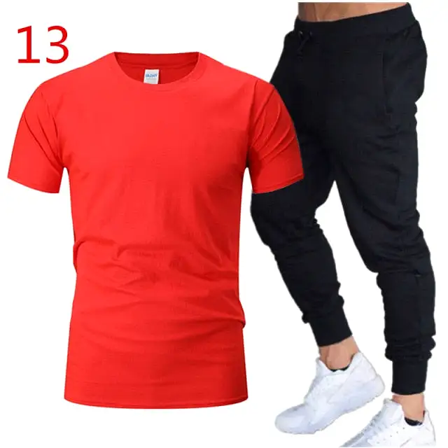 2Pieces Sets Men Casual Fitness Sport Suit Short Sleeve t Shirt+ Trousers