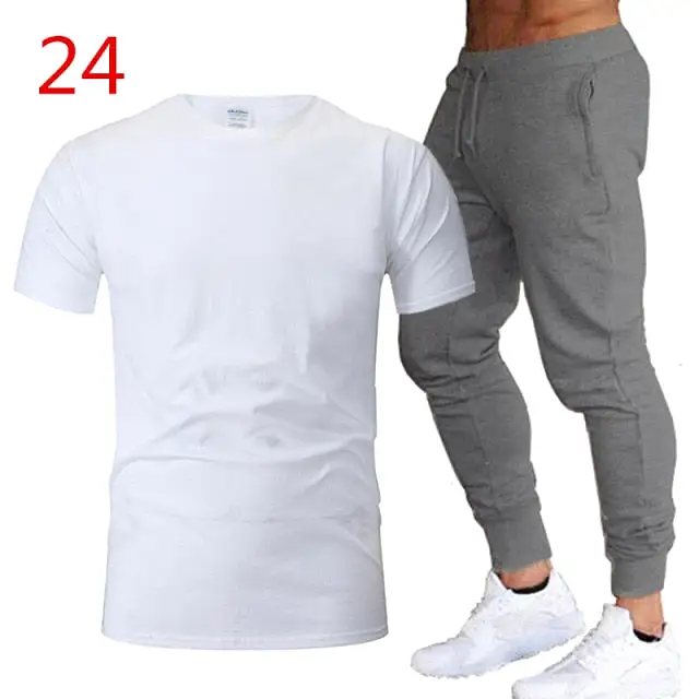 2Pieces Sets Men Casual Fitness Sport Suit Short Sleeve t Shirt+ Trousers