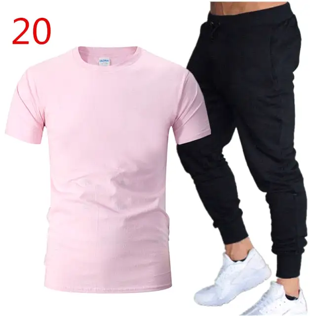 2Pieces Sets Men Casual Fitness Sport Suit Short Sleeve t Shirt+ Trousers