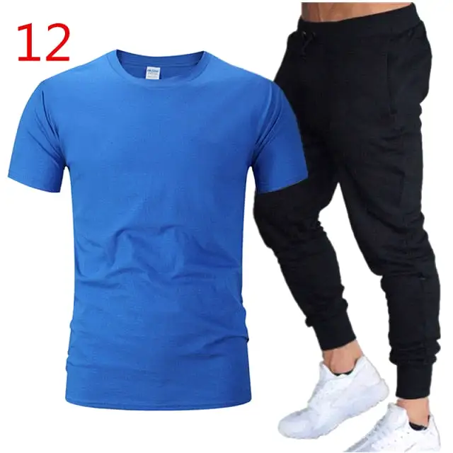 2Pieces Sets Men Casual Fitness Sport Suit Short Sleeve t Shirt+ Trousers