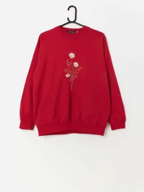 90s vintage red sweatshirt with embroidered wild flowers – Large