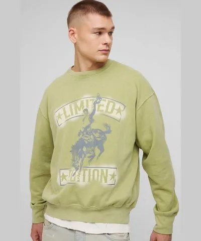 boohoo Mens Oversized Limited Western Graphic Washed Sweatshirt