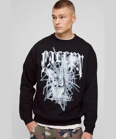 boohooMAN Mens Oversized Gothic Cherub Graphic Sweatshirt