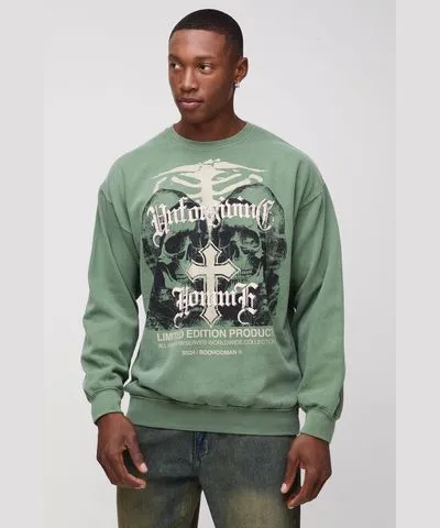 boohooMAN Mens Oversized Washed Gothic Skull Puff Print Graphic Sweatshirt