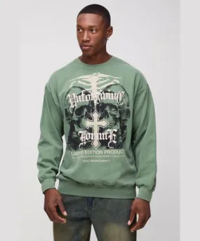 boohooMAN Mens Oversized Washed Gothic Skull Puff Print Graphic Sweatshirt