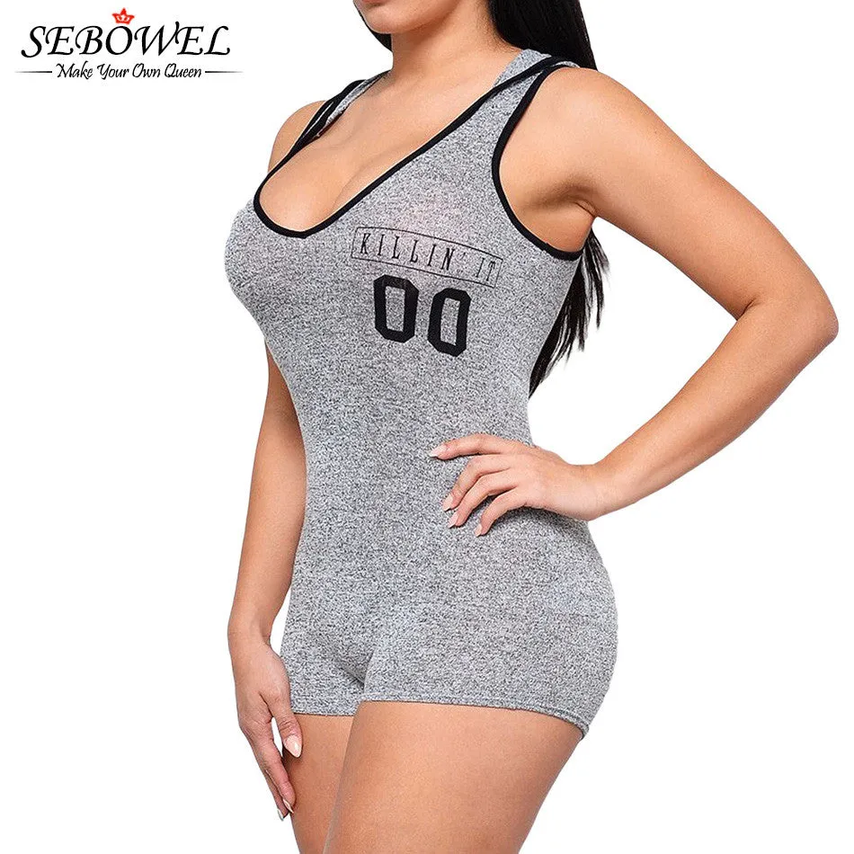 Letter  Hooded Sports Rompers  Fitness Jumpsuits Shorts Playsuit Sleeveless Bodysuit Overalls Sport Suit SM6