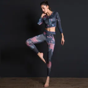 New Sport Suit Print Fitness Suit Leggings Breathable Yoga Set 2 Piece Zipper Sportswear T-shirt Sport Pants Tracksuit For Women