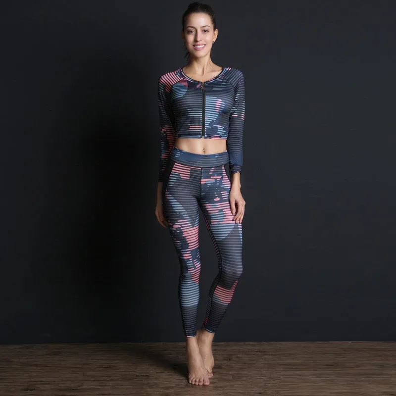 New Sport Suit Print Fitness Suit Leggings Breathable Yoga Set 2 Piece Zipper Sportswear T-shirt Sport Pants Tracksuit For Women