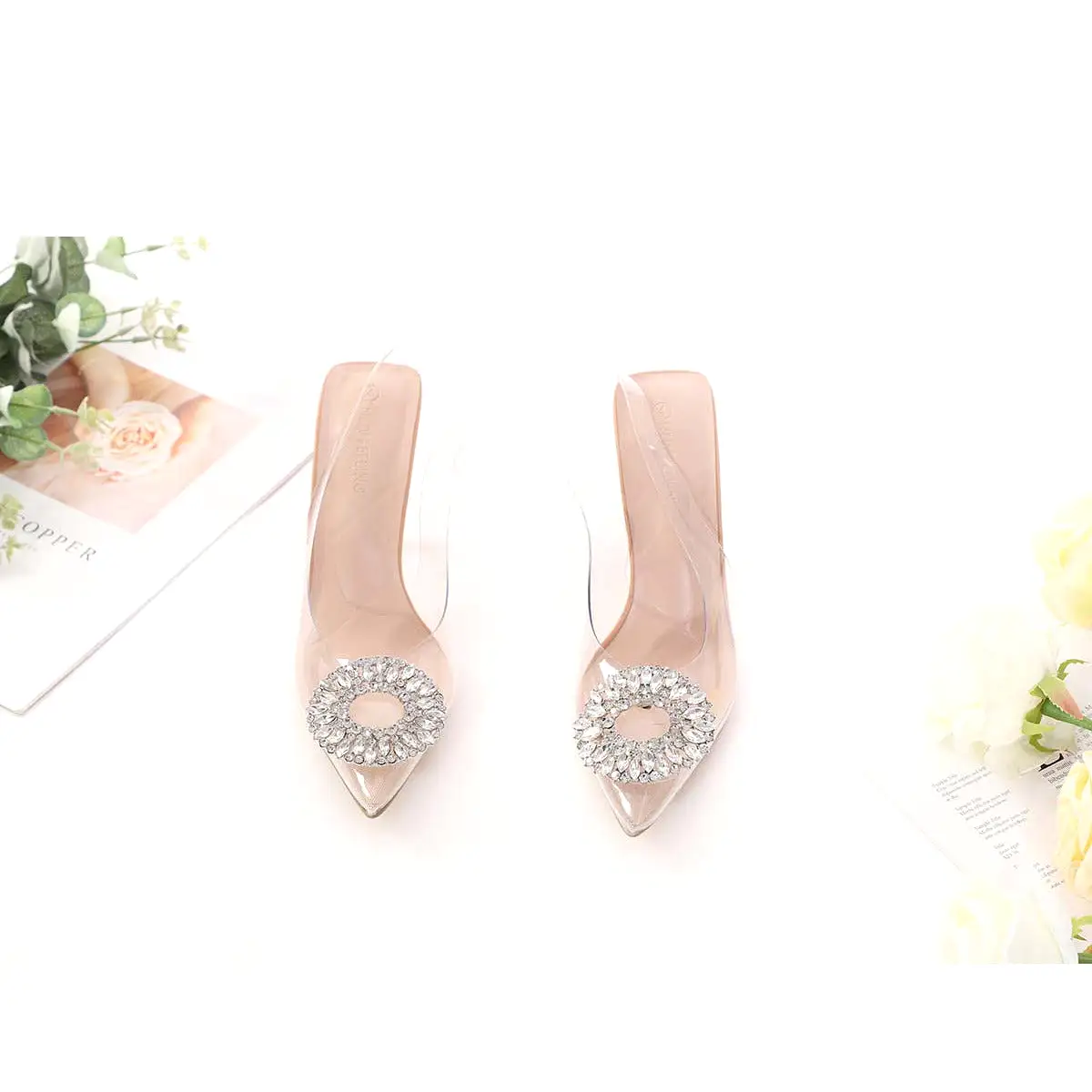 Pointed Toe Transparent Crystal Heel Sandals