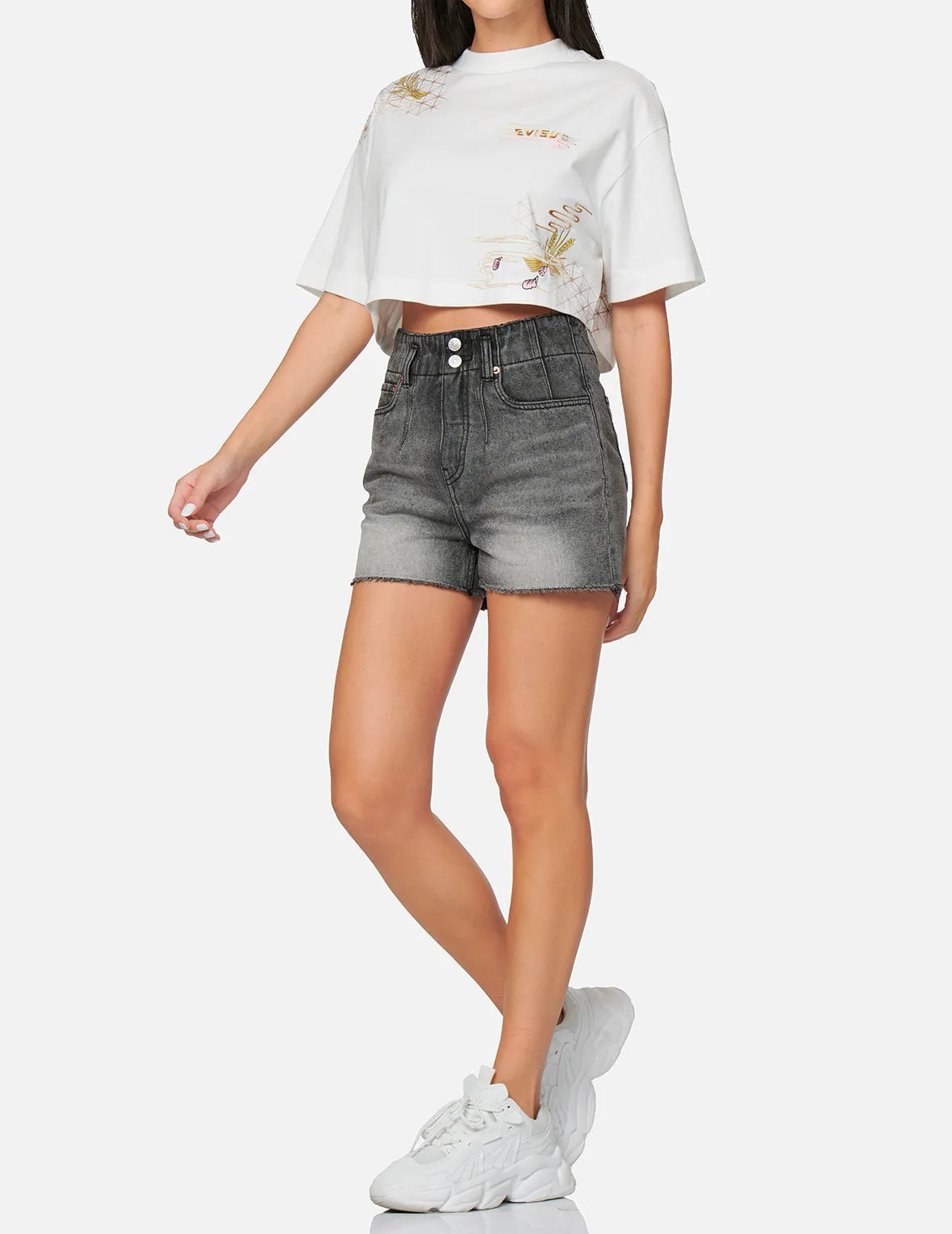 Seagull Print Light Grey Denim Shorts