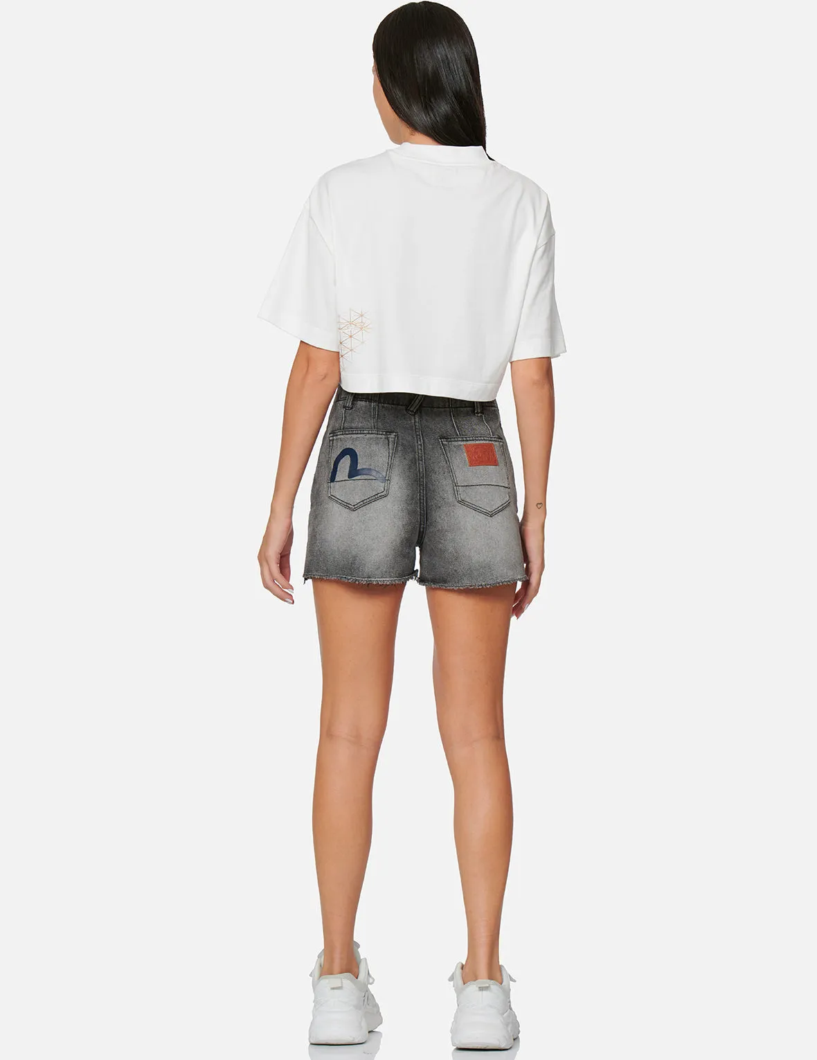 Seagull Print Light Grey Denim Shorts