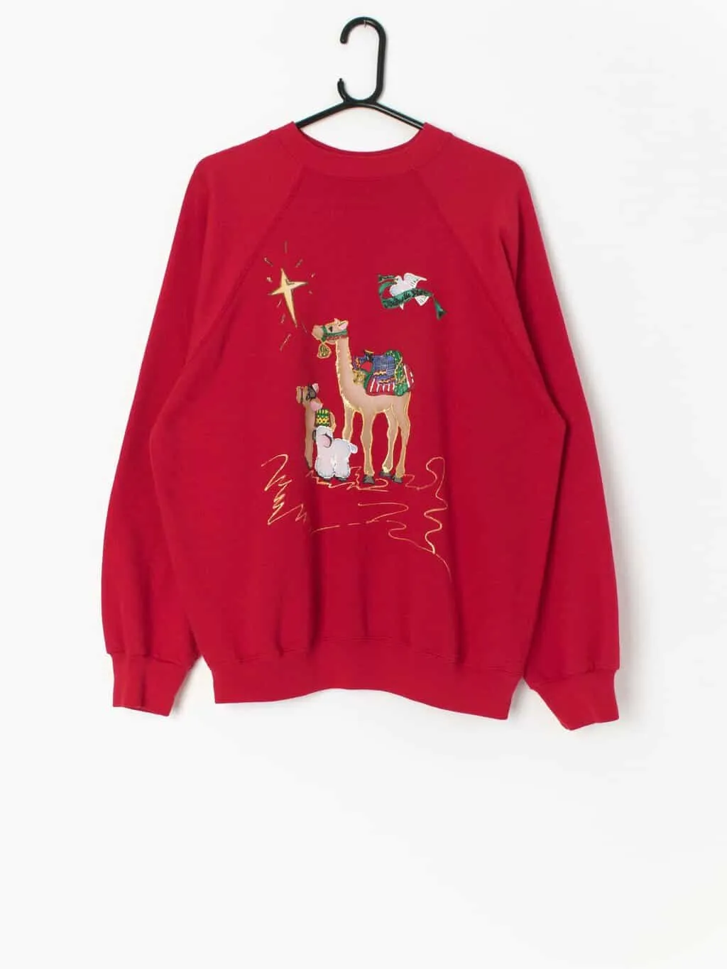 Vintage Christmas sweatshirt with hand drawn illustrations, made in the USA – Large