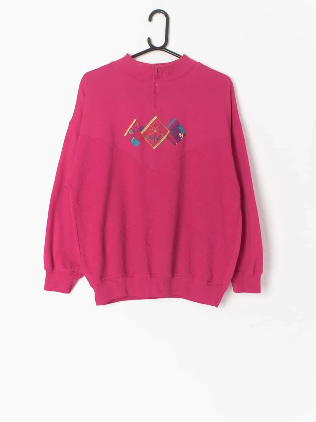 Vintage hot pink sweatshirt 1/4 zip with textured fabric and spring floral motif – Medium